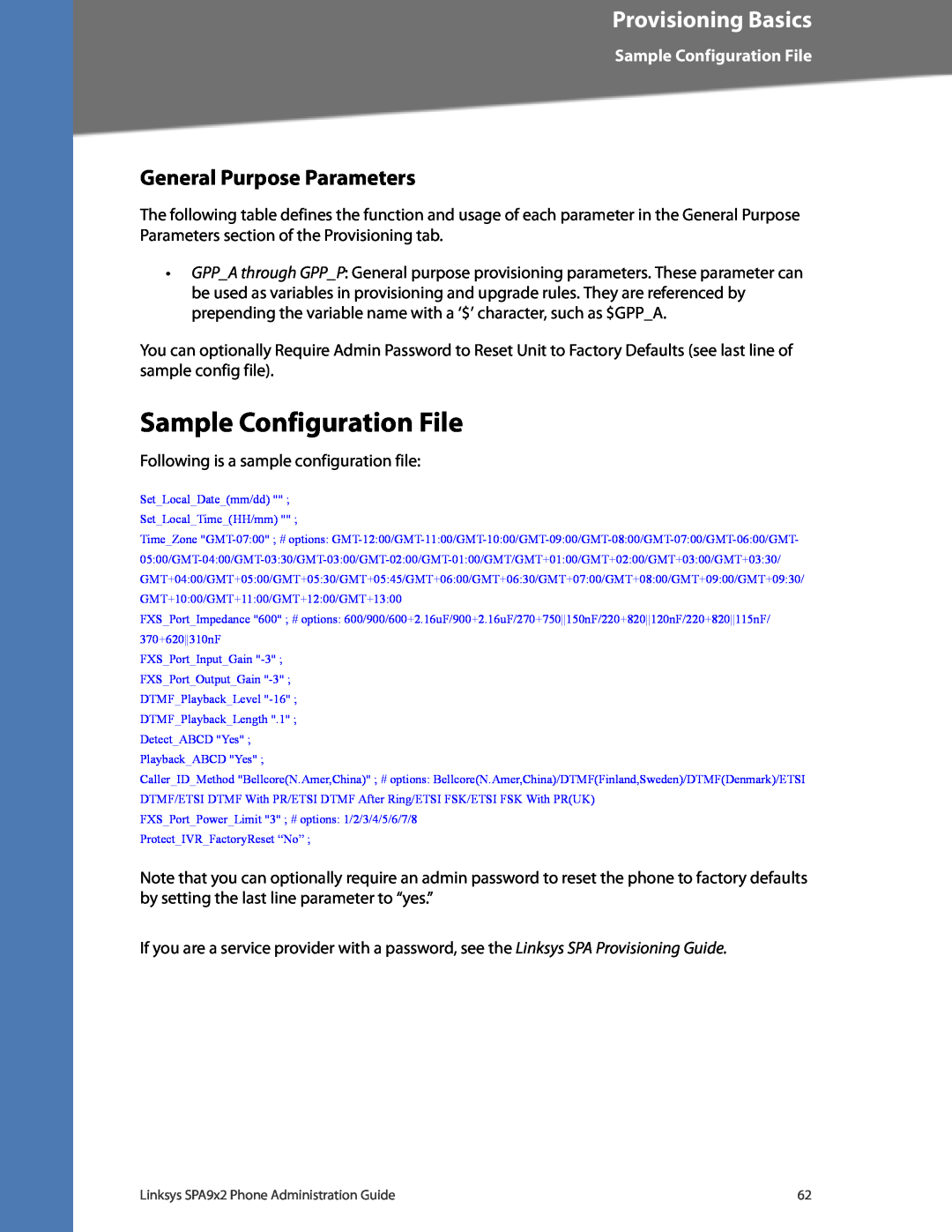 Linksys SPA942, SPA962, SPA932, SPA922 manual Sample Configuration File, General Purpose Parameters, Provisioning Basics 