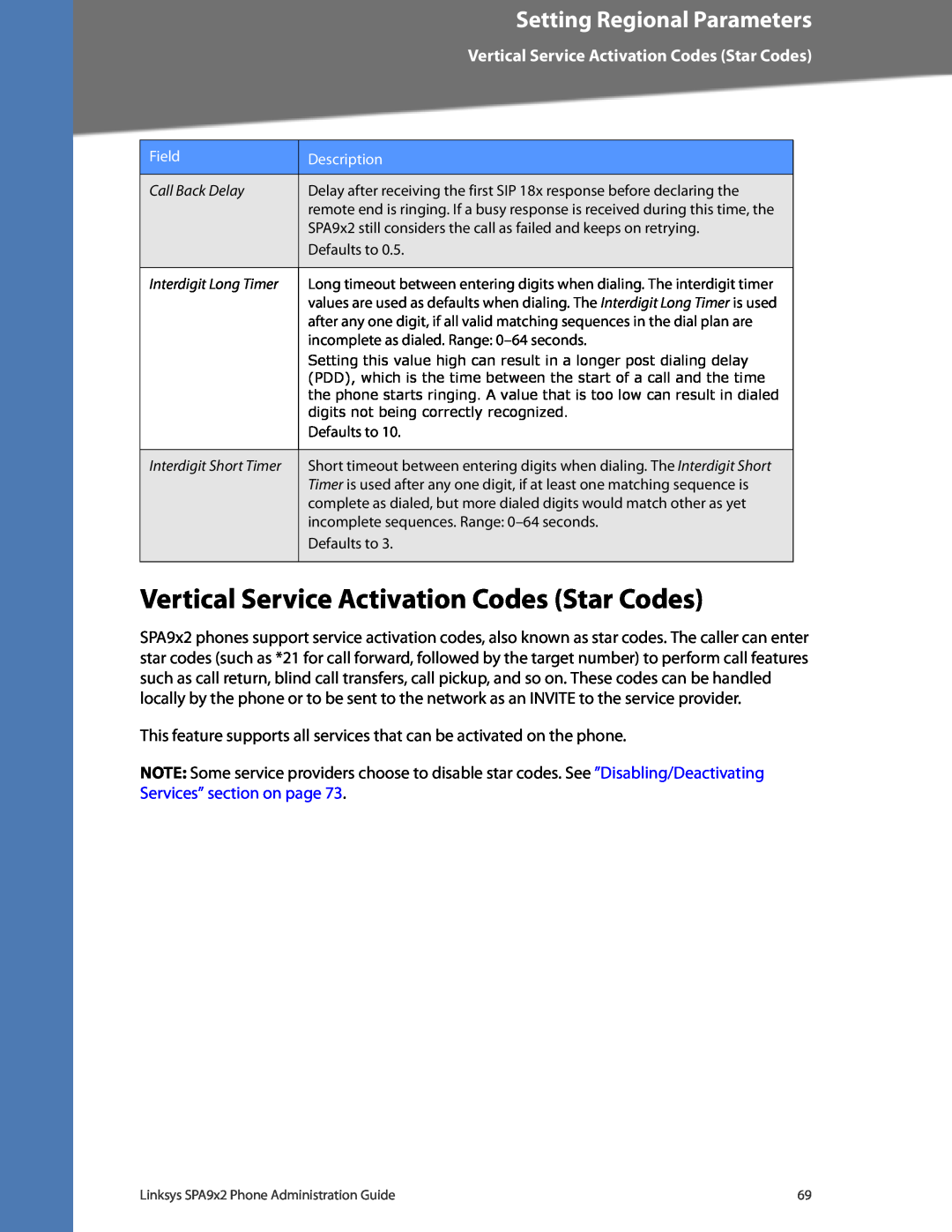 Linksys SPA962, SPA942 manual Vertical Service Activation Codes Star Codes, Setting Regional Parameters, Field, Description 
