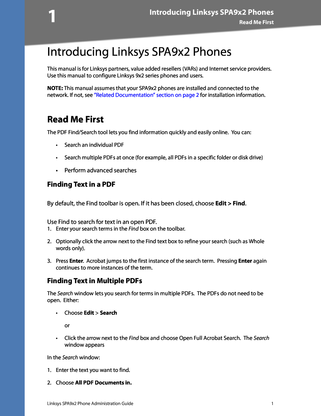 Linksys SPA962 Introducing Linksys SPA9x2 Phones, Read Me First, Finding Text in a PDF, Finding Text in Multiple PDFs 
