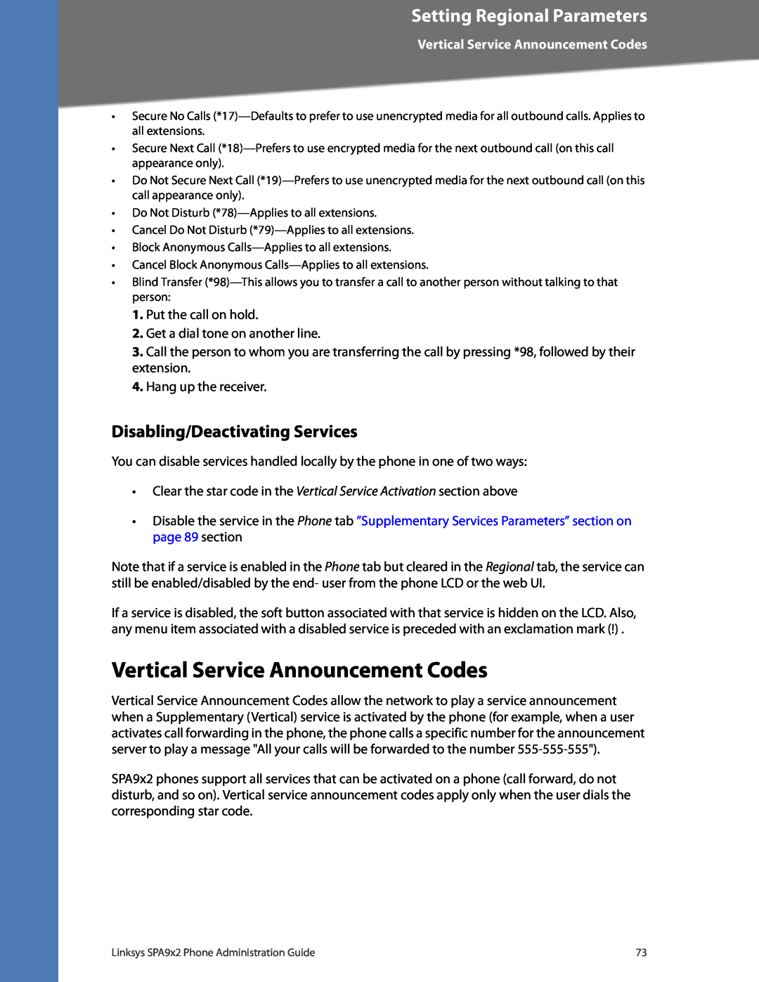 Linksys SPA962, SPA942 Vertical Service Announcement Codes, Disabling/Deactivating Services, Setting Regional Parameters 