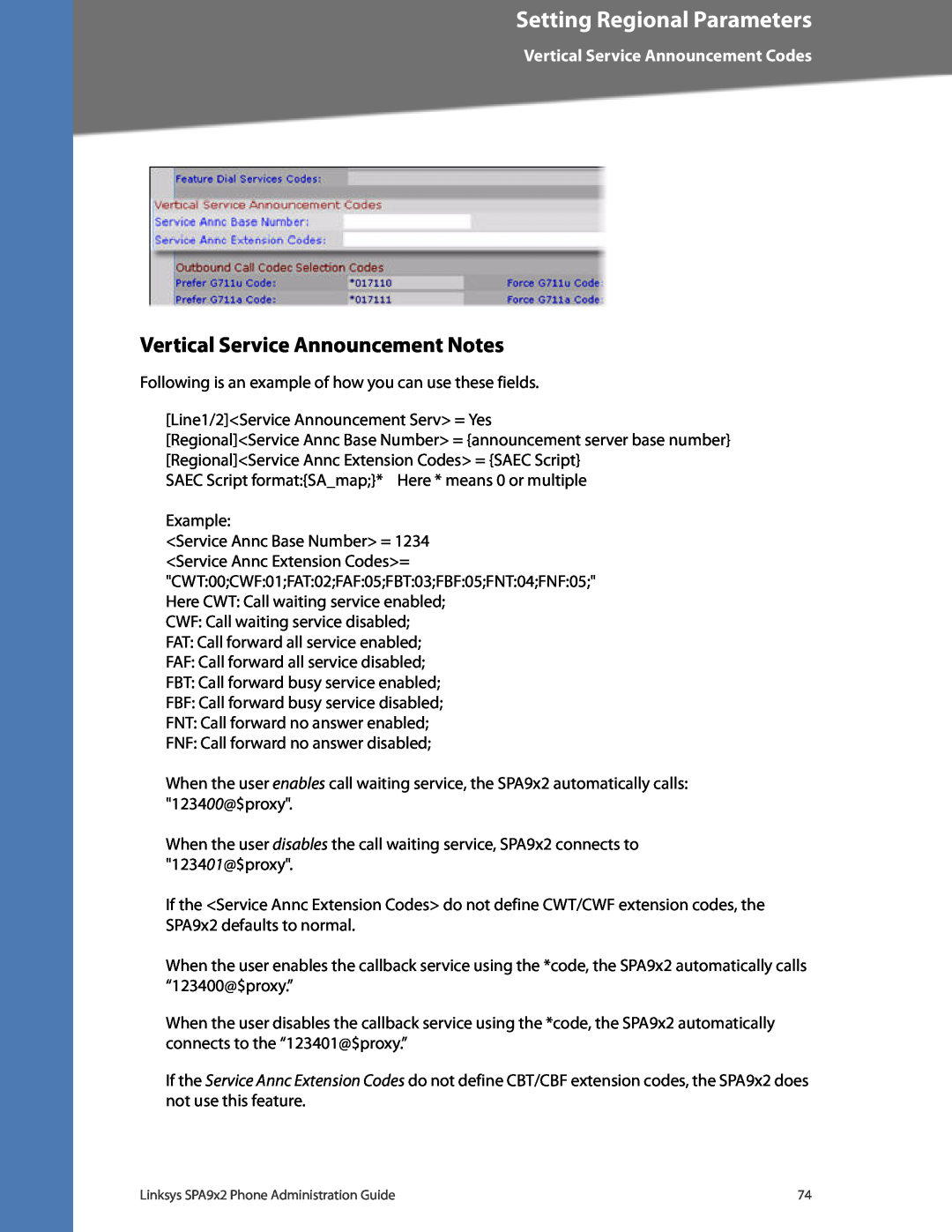 Linksys SPA942 manual Vertical Service Announcement Notes, Setting Regional Parameters, Vertical Service Announcement Codes 