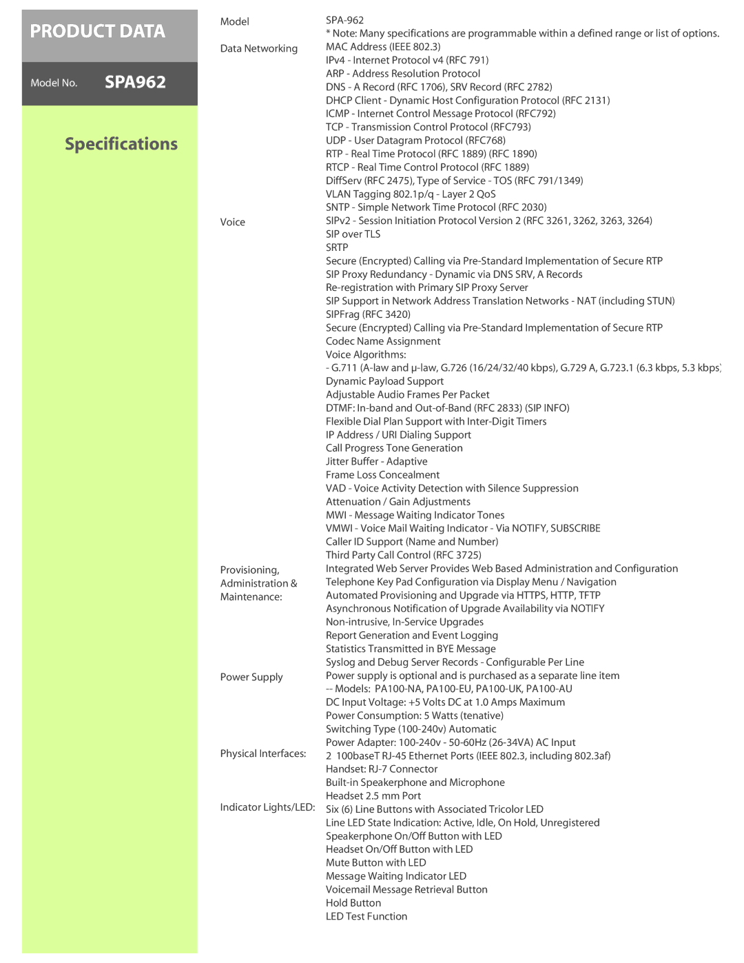 Linksys SPA962 manual Specifications, Srtp 