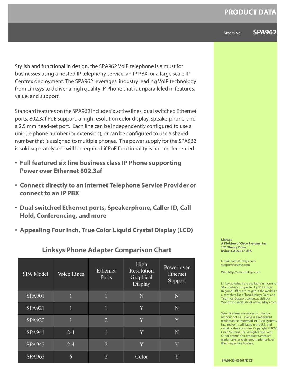 Linksys SPA962 manual Linksys Phone Adapter Comparison Chart 