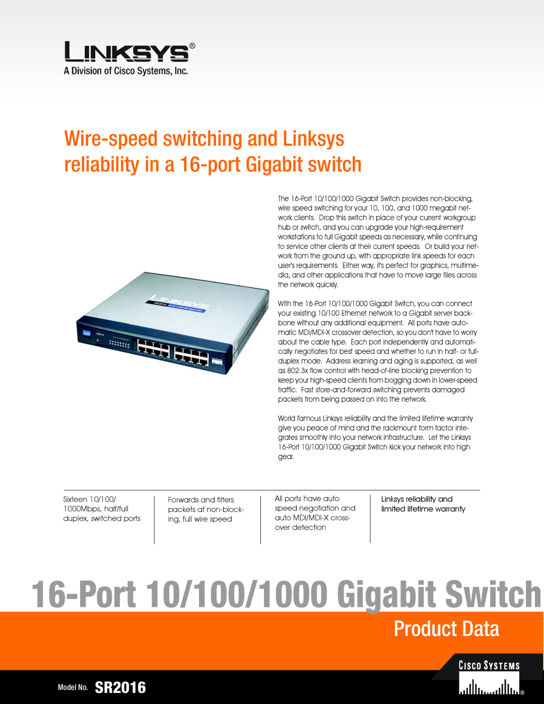 Linksys SR2016 warranty Port 10/100/1000 Gigabit Switch 