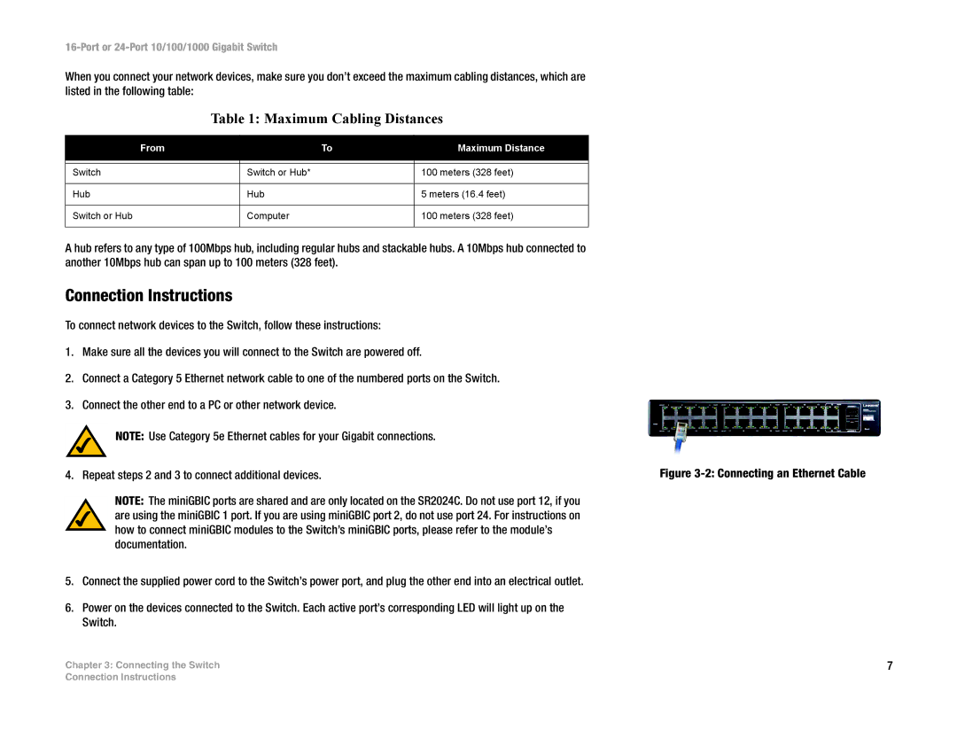 Linksys SR2024C manual Connection Instructions, Maximum Cabling Distances 