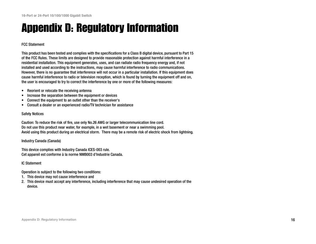 Linksys SR2024C manual Appendix D Regulatory Information, FCC Statement 