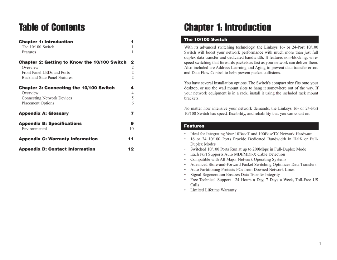 Linksys SR224, SR216 manual Table of Contents, Introduction 