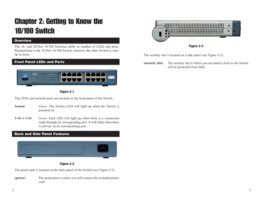 Linksys SR216, SR224 manual Getting to Know the 10/100 Switch, Overview, Front Panel LEDs and Ports 