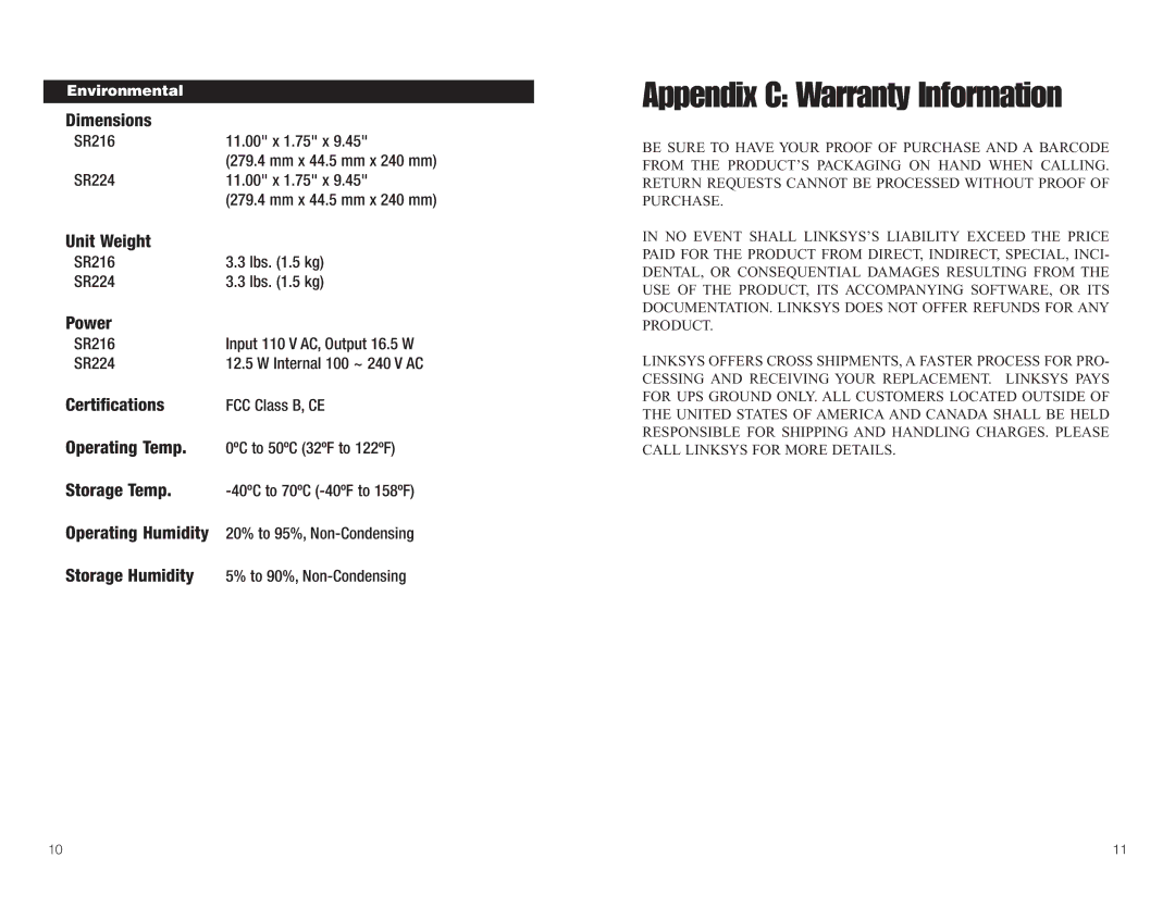 Linksys SR216, SR224 manual Appendix C Warranty Information, Environmental 