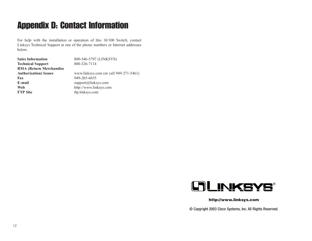 Linksys SR224, SR216 manual Appendix D Contact Information 