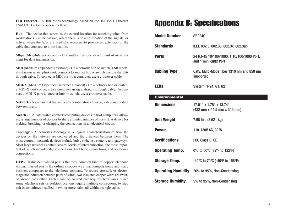 Linksys SR2246 manual Appendix B Specifications 