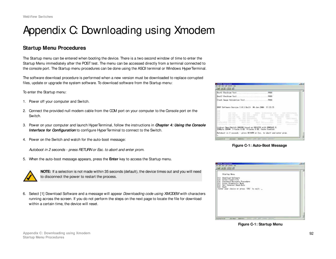 Linksys SRW2008P, SRW2008MP manual Appendix C Downloading using Xmodem, Startup Menu Procedures 