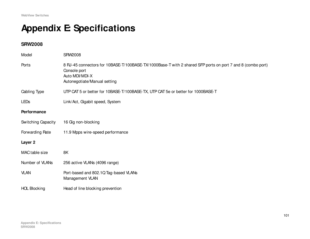 Linksys SRW2008P, SRW2008MP manual Appendix E Specifications 