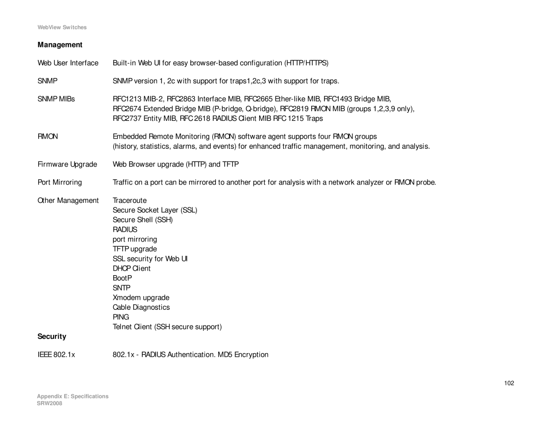 Linksys SRW2008P Snmp MIBs, Tftp upgrade, SSL security for Web UI, Dhcp Client, BootP, Xmodem upgrade, Cable Diagnostics 