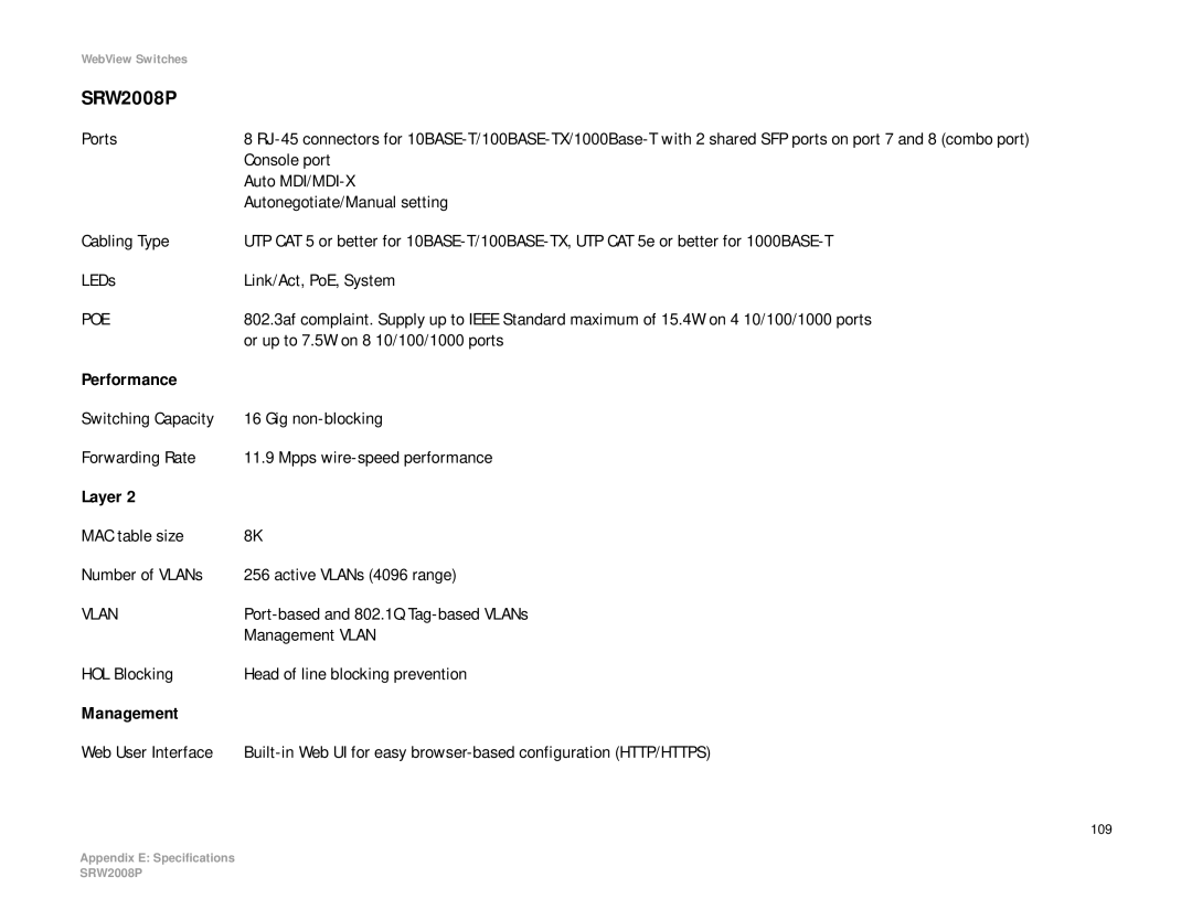 Linksys SRW2008MP manual SRW2008P, Or up to 7.5W on 8 10/100/1000 ports 