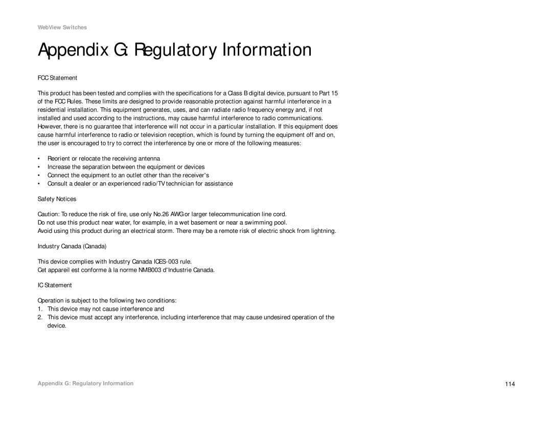 Linksys SRW2008P, SRW2008MP manual Appendix G Regulatory Information, FCC Statement 