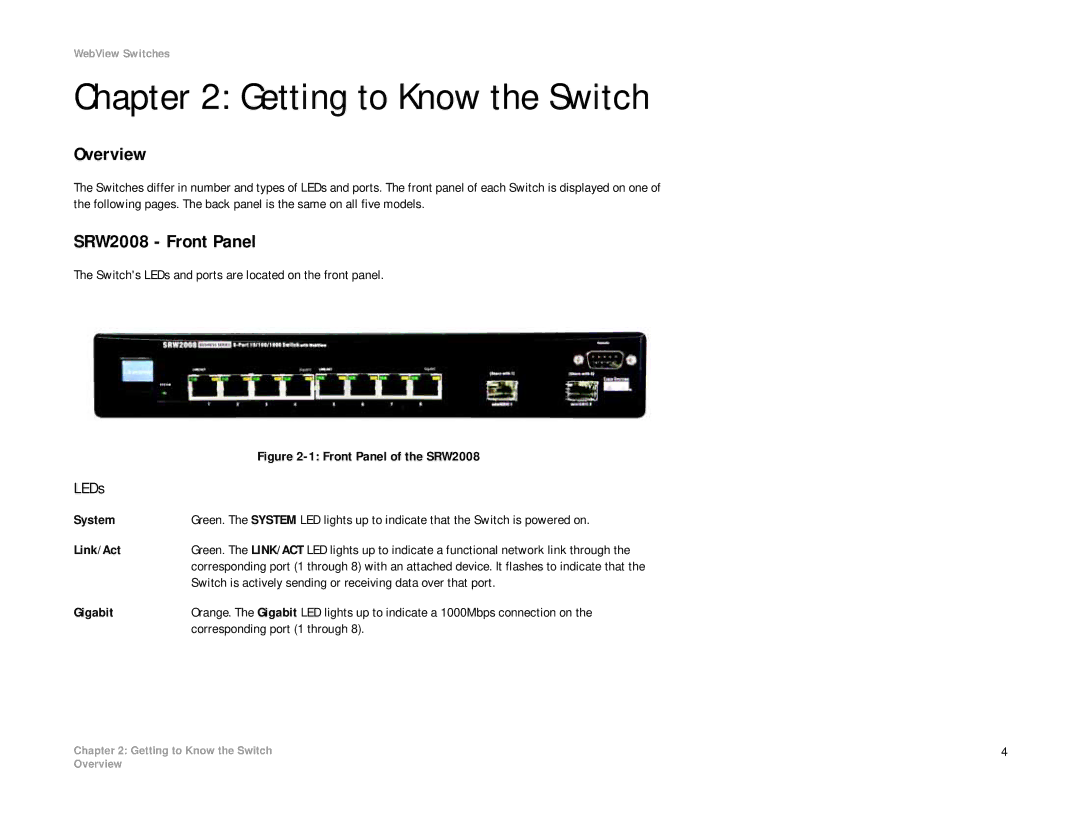 Linksys SRW2008MP, SRW2008P manual Getting to Know the Switch, Overview, SRW2008 Front Panel, LEDs 