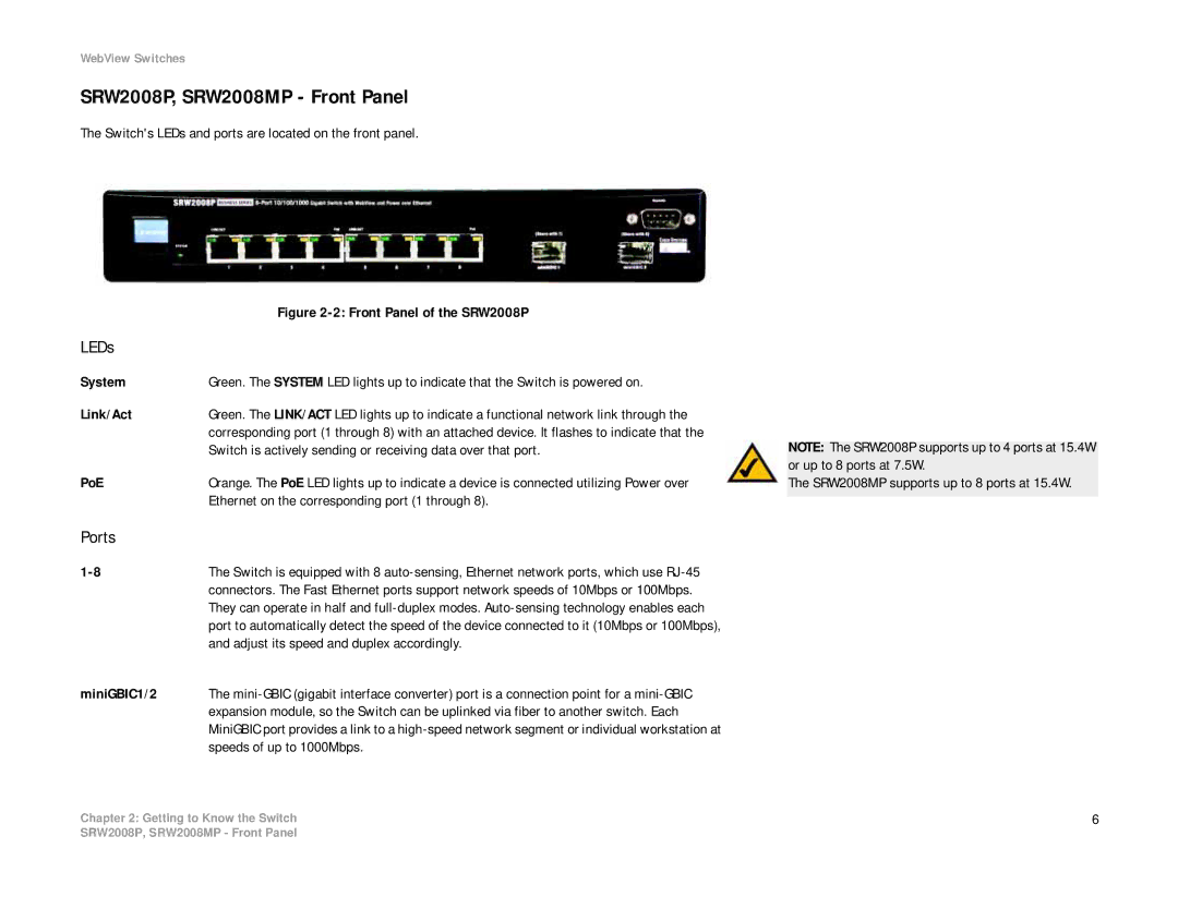 Linksys manual SRW2008P, SRW2008MP Front Panel, MiniGBIC1/2 