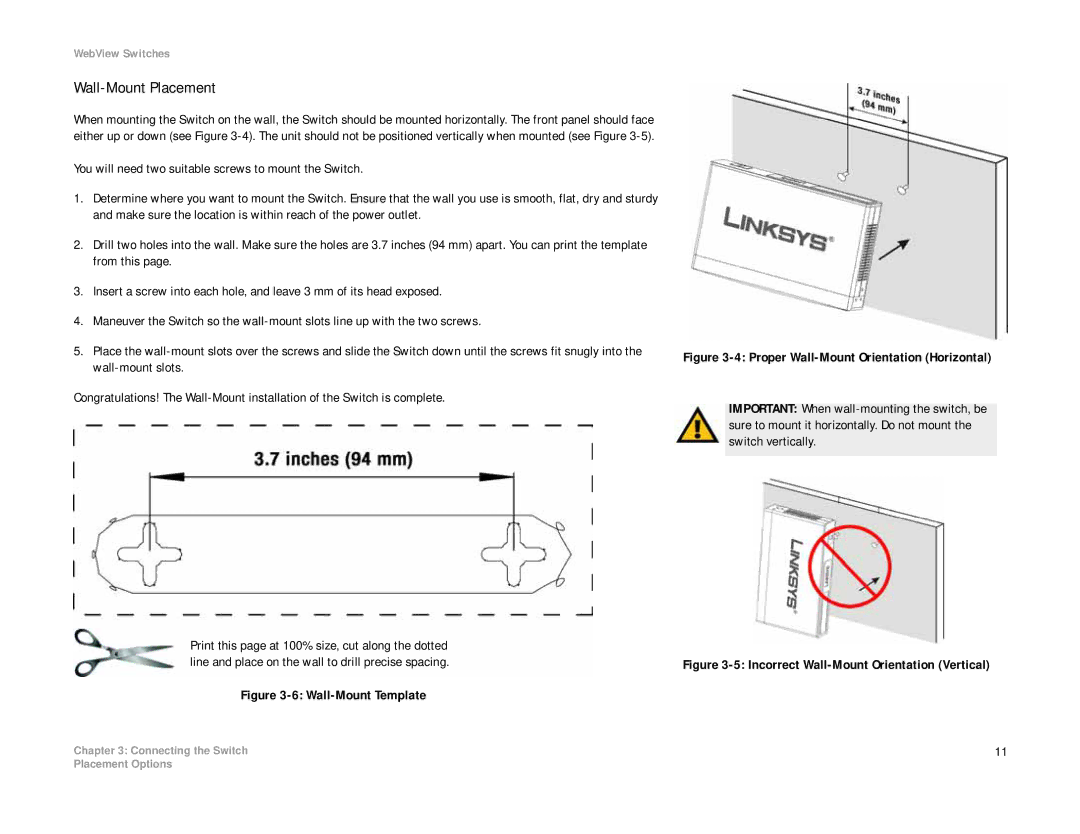 Linksys SRW2008P, SRW2008MP manual Wall-Mount Placement, Wall-Mount Template 