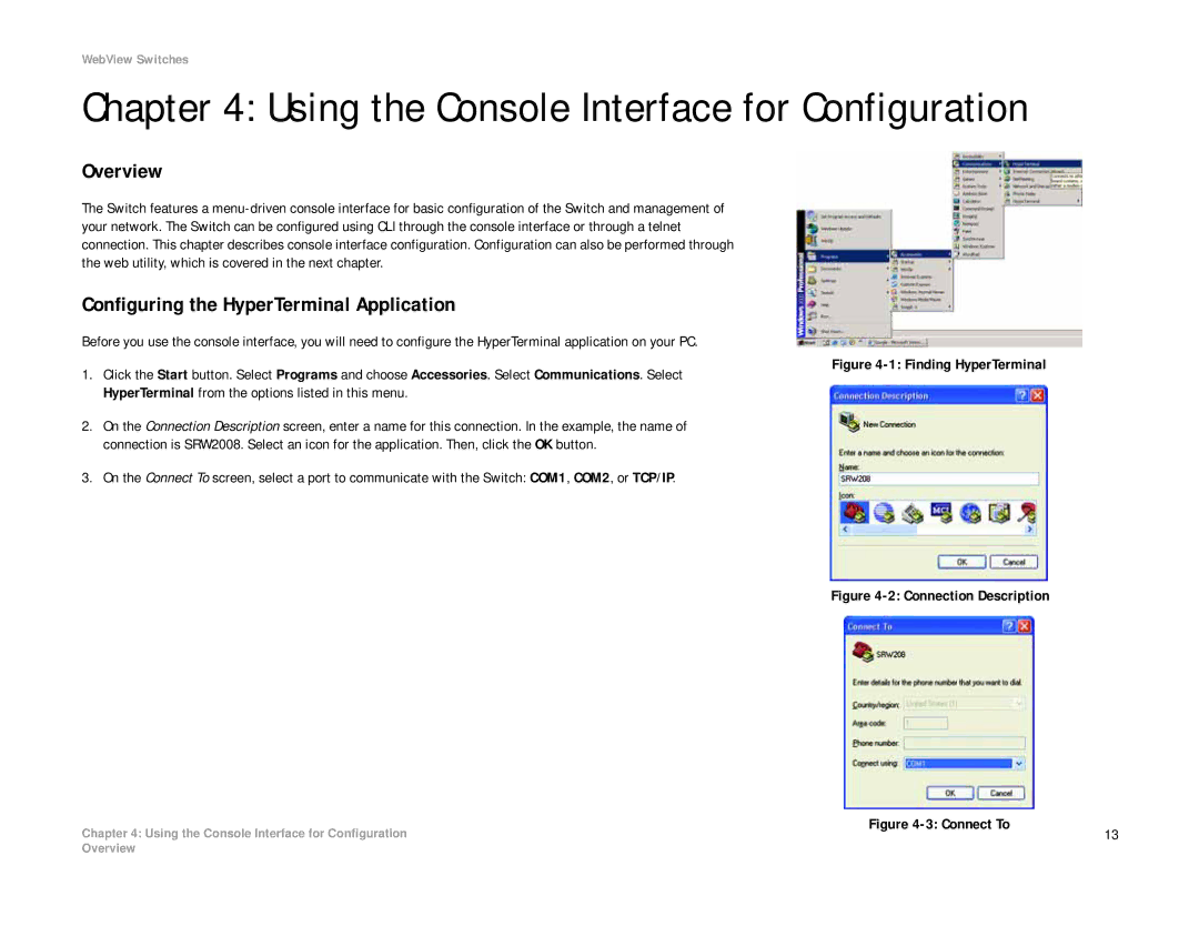 Linksys SRW2008MP, SRW2008P manual Using the Console Interface for Configuration, Configuring the HyperTerminal Application 