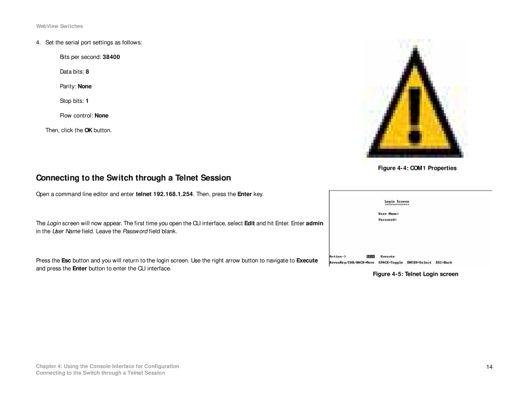 Linksys SRW2008P, SRW2008MP manual Connecting to the Switch through a Telnet Session, COM1 Properties 