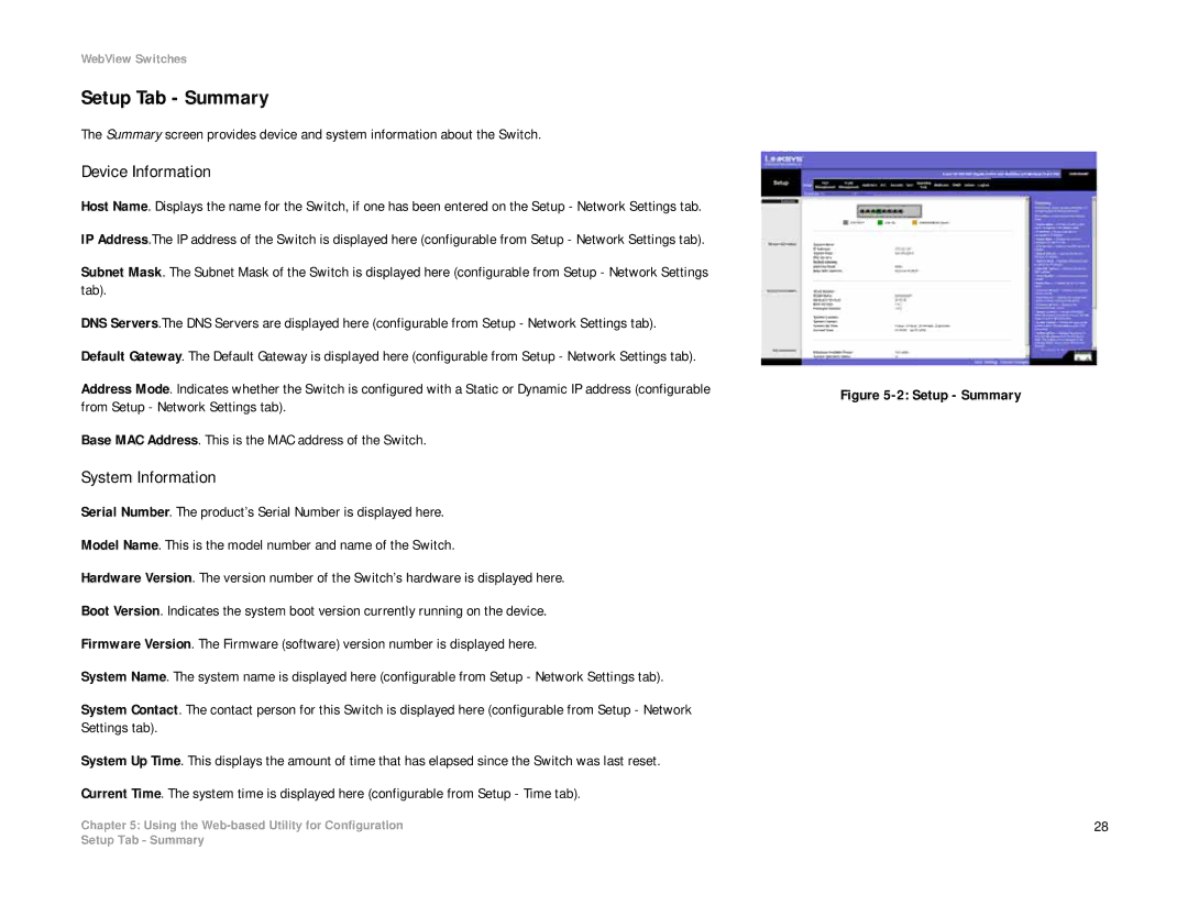 Linksys SRW2008MP, SRW2008P manual Setup Tab Summary, Device Information, System Information 