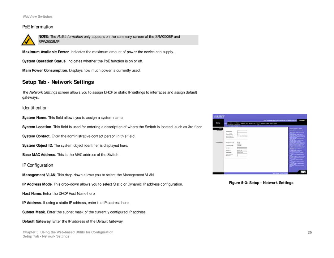 Linksys SRW2008P, SRW2008MP manual Setup Tab Network Settings, PoE Information, Identification, IP Configuration 