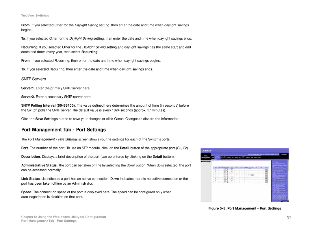 Linksys SRW2008MP, SRW2008P manual Port Management Tab Port Settings, Sntp Servers 