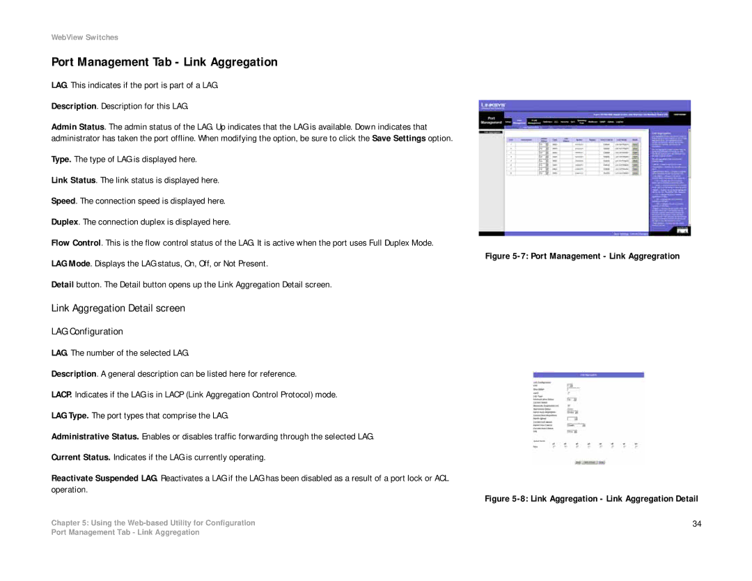 Linksys SRW2008MP, SRW2008P manual Port Management Tab Link Aggregation, Link Aggregation Detail screen 