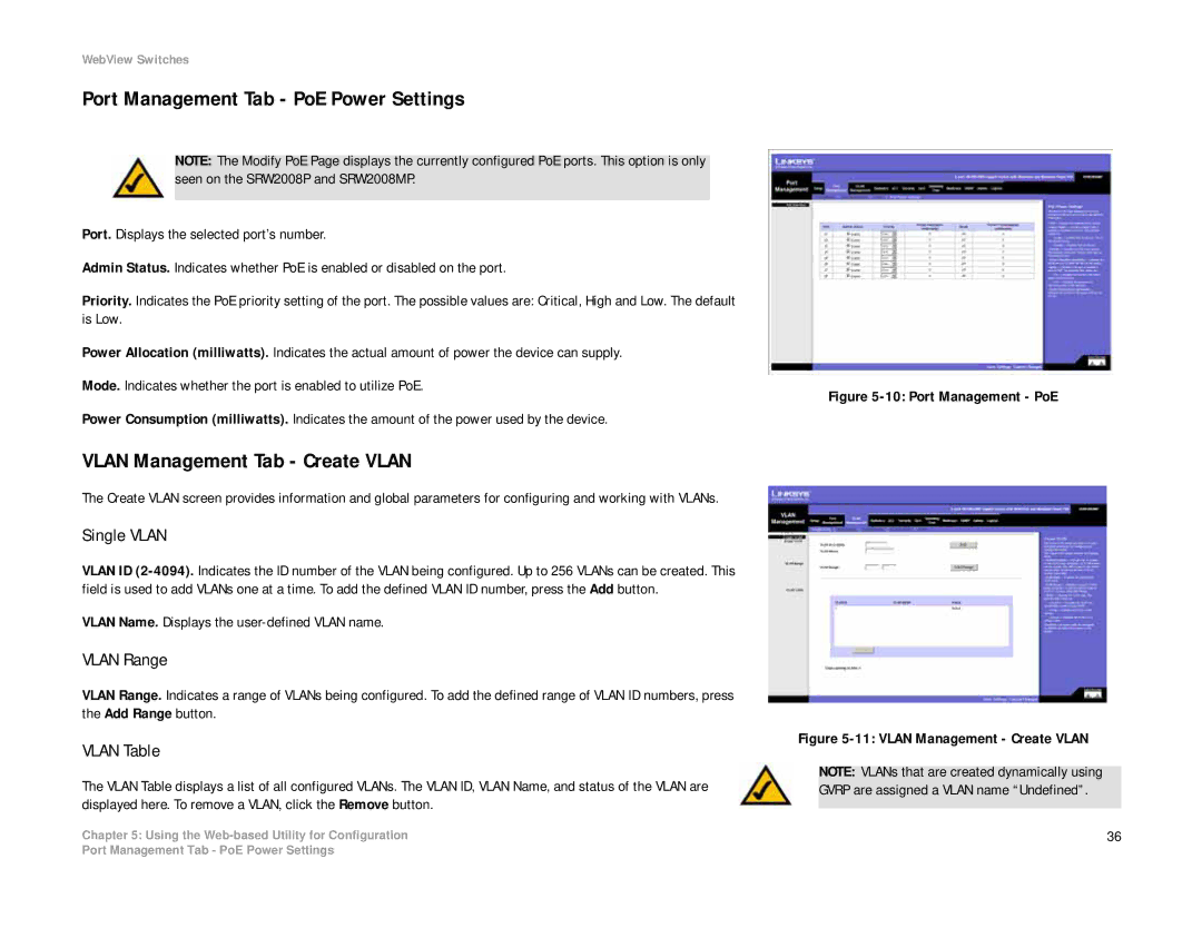 Linksys SRW2008P manual Port Management Tab PoE Power Settings, Vlan Management Tab Create Vlan, Single Vlan, Vlan Range 