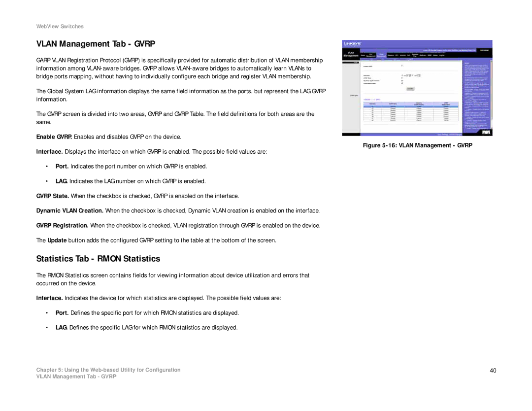 Linksys SRW2008MP, SRW2008P manual Vlan Management Tab Gvrp, Statistics Tab Rmon Statistics 