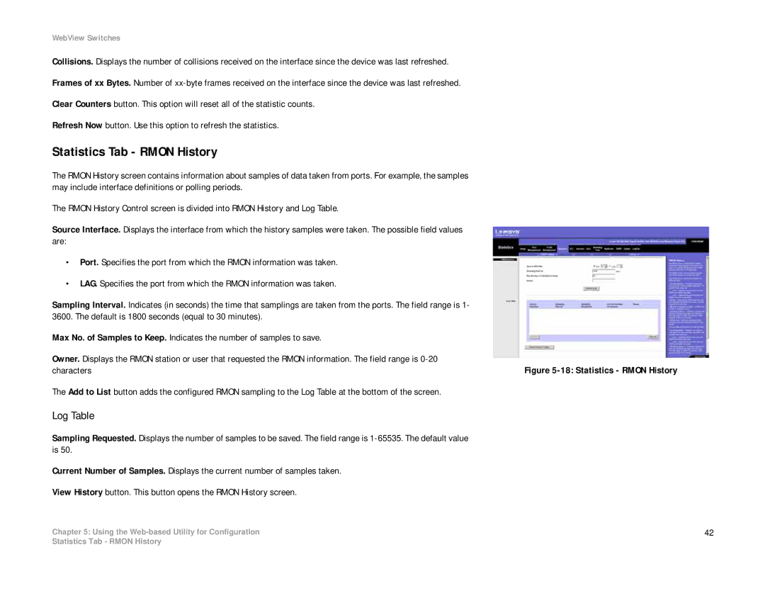 Linksys SRW2008P, SRW2008MP manual Statistics Tab Rmon History, Log Table 