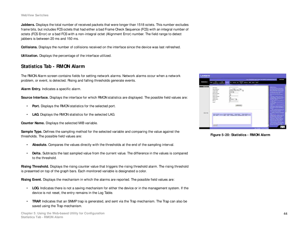 Linksys SRW2008P, SRW2008MP manual Statistics Tab Rmon Alarm, Statistics Rmon Alarm 