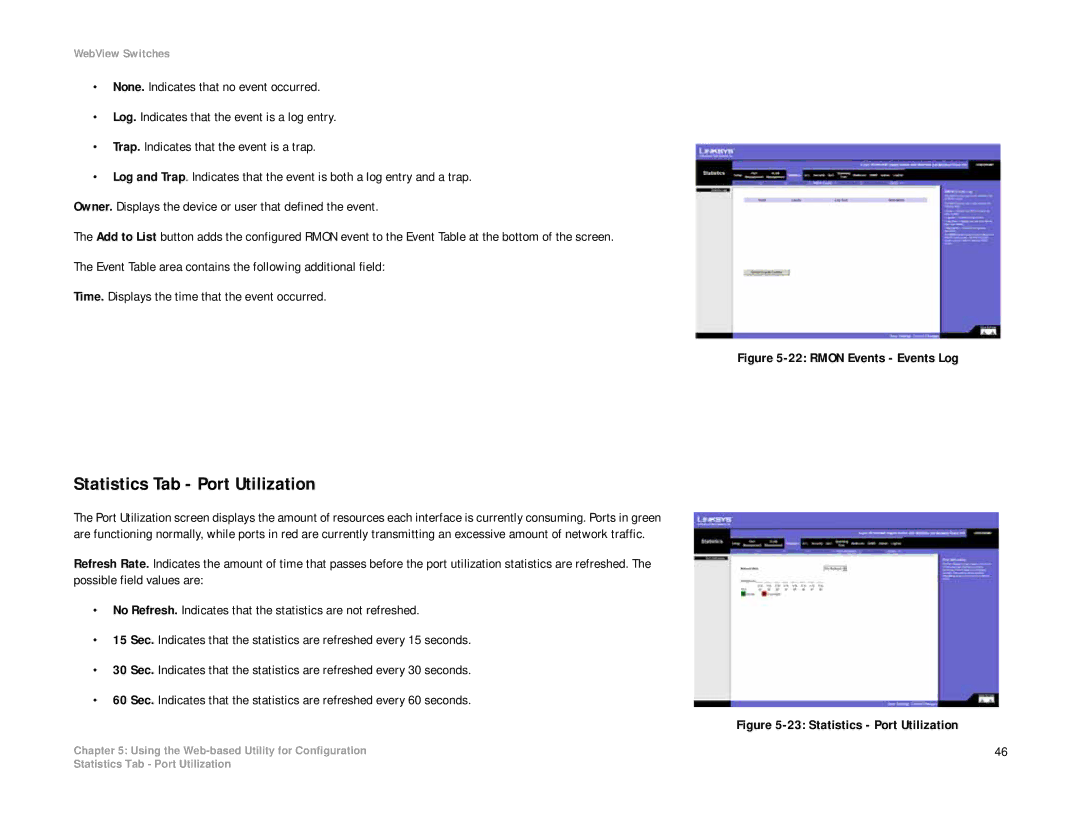 Linksys SRW2008MP, SRW2008P manual Statistics Tab Port Utilization, Rmon Events Events Log 