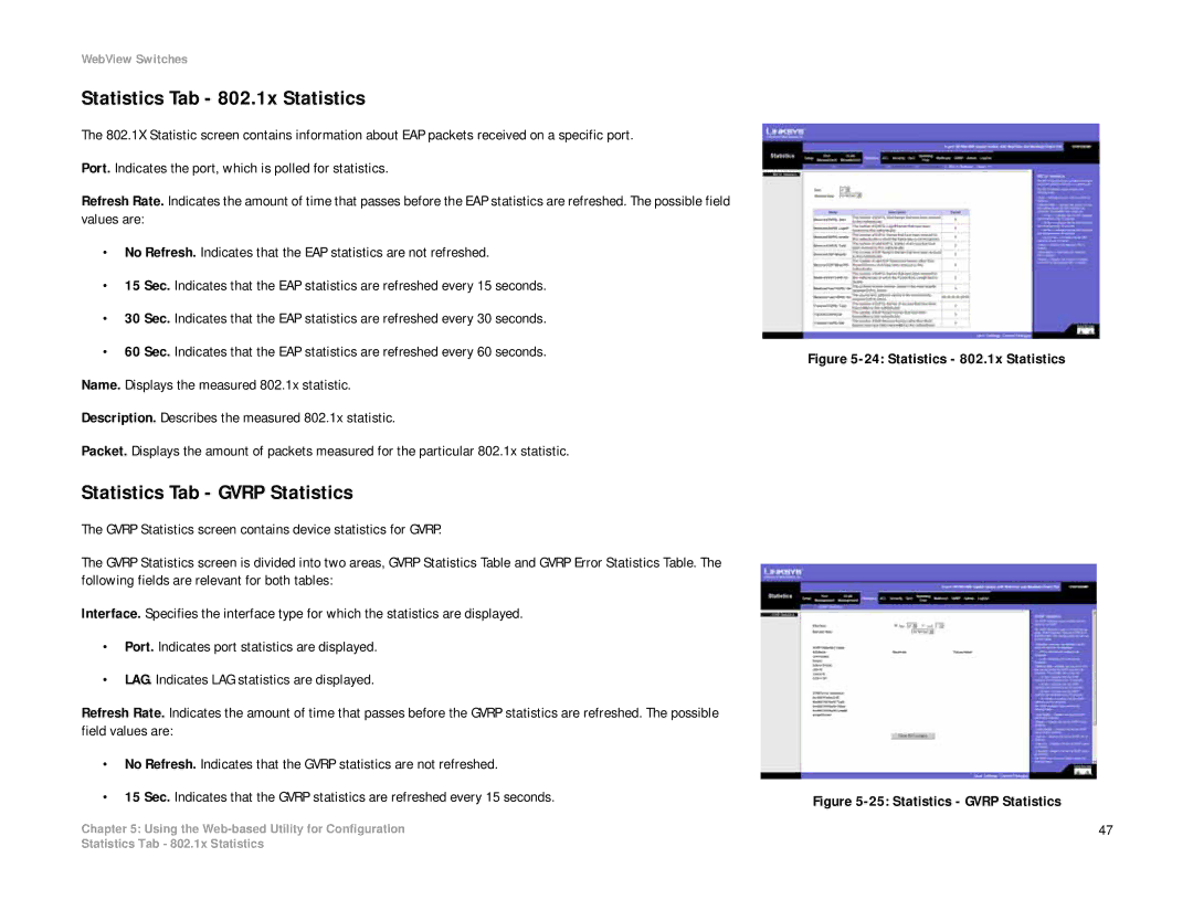 Linksys SRW2008P, SRW2008MP manual Statistics Tab 802.1x Statistics, Statistics Tab Gvrp Statistics 