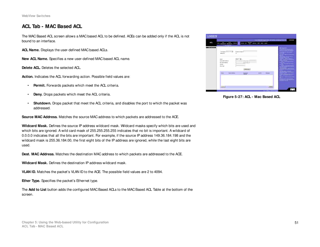 Linksys SRW2008P, SRW2008MP manual ACL Tab MAC Based ACL, ACL Mac Based ACL 