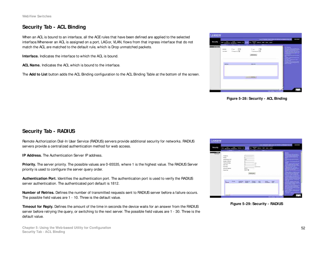 Linksys SRW2008MP, SRW2008P manual Security Tab ACL Binding, Security Tab Radius 