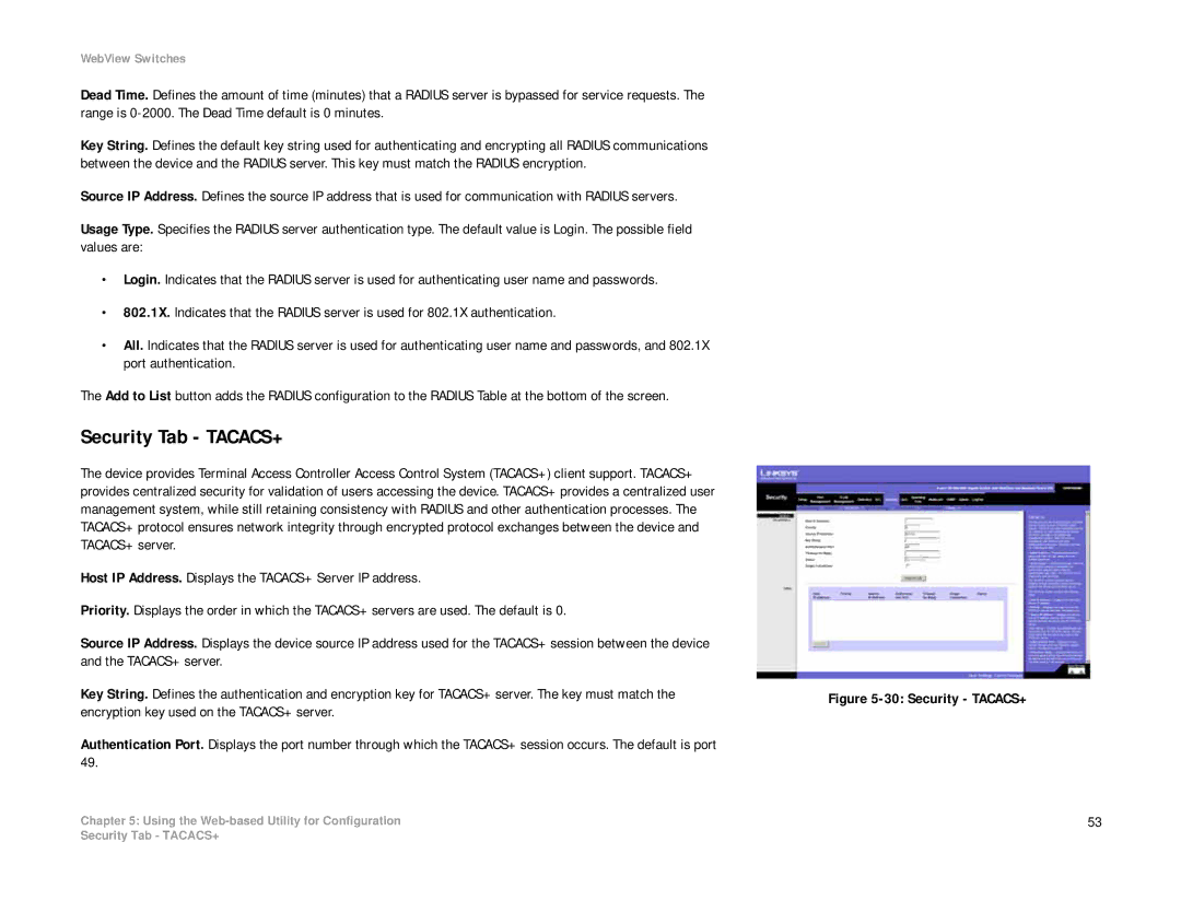 Linksys SRW2008P, SRW2008MP manual Security Tab TACACS+, Security TACACS+ 