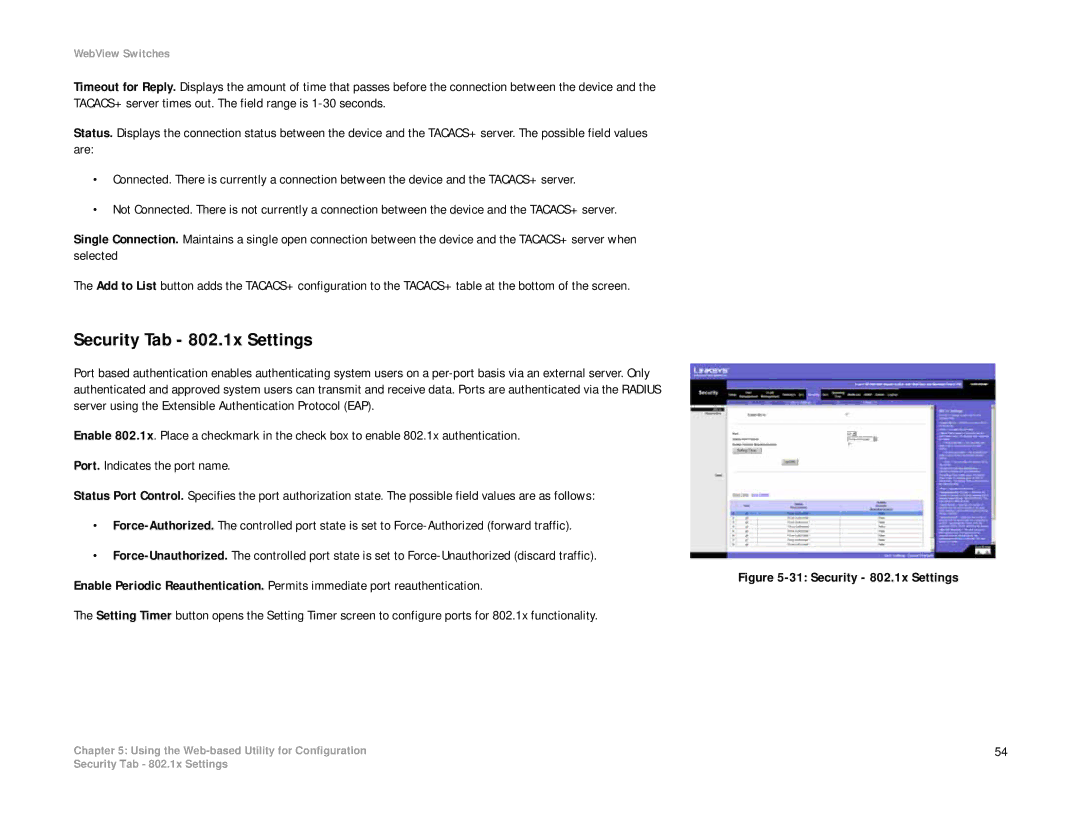 Linksys SRW2008P, SRW2008MP manual Security Tab 802.1x Settings, Security 802.1x Settings 