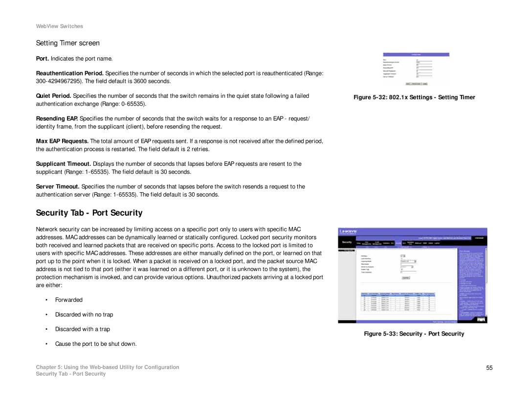 Linksys SRW2008MP, SRW2008P manual Security Tab Port Security, Setting Timer screen 