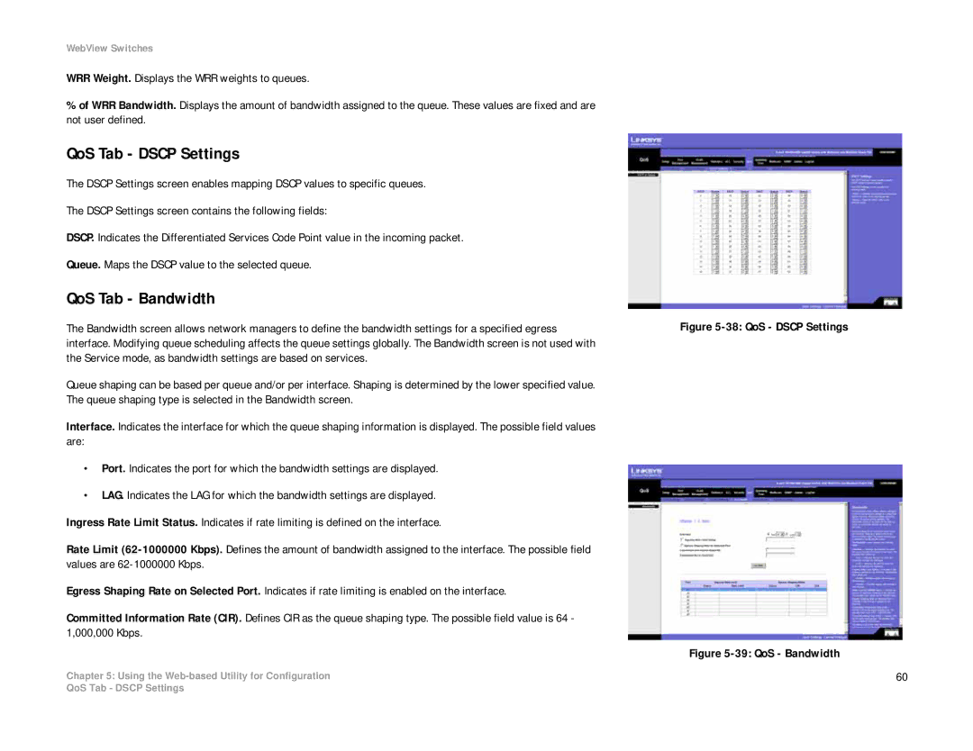 Linksys SRW2008P, SRW2008MP manual QoS Tab Dscp Settings, QoS Tab Bandwidth 