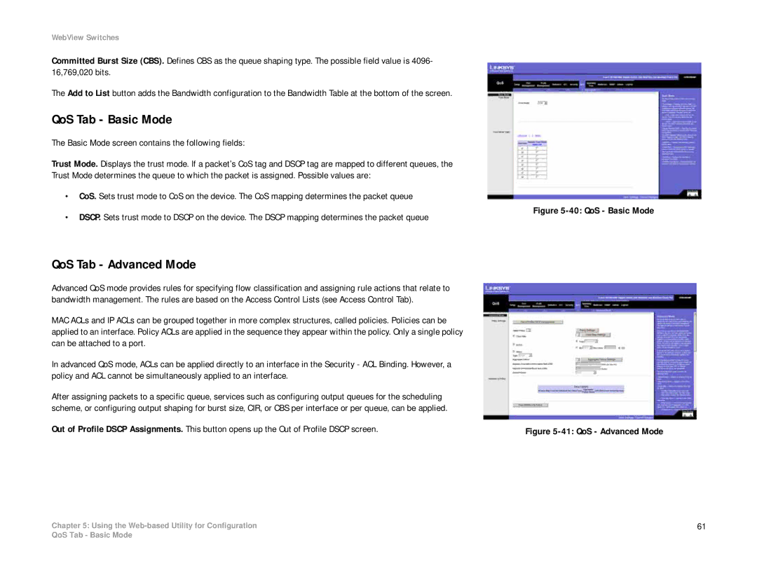 Linksys SRW2008MP, SRW2008P manual QoS Tab Basic Mode, QoS Tab Advanced Mode 