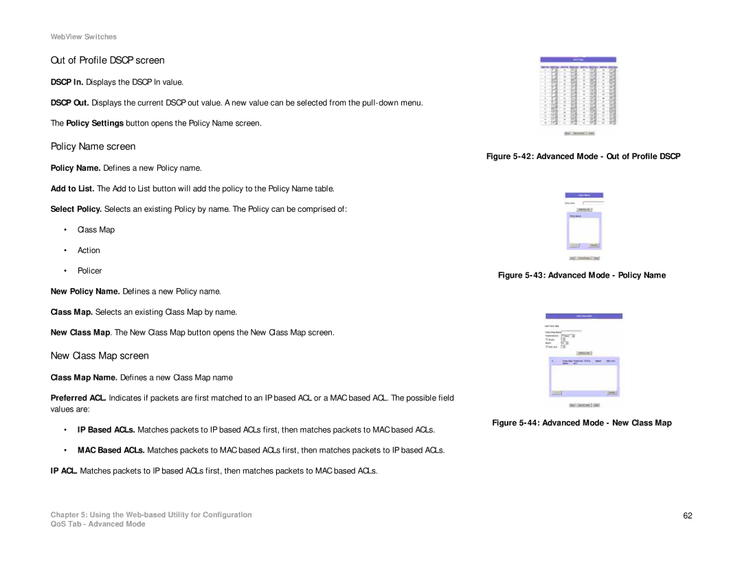 Linksys SRW2008P, SRW2008MP manual Out of Profile Dscp screen, Policy Name screen, New Class Map screen 