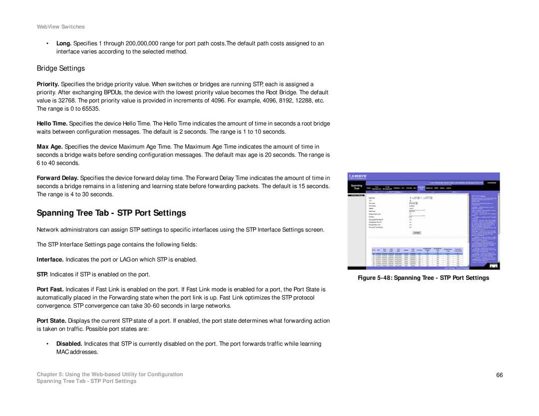 Linksys SRW2008P, SRW2008MP manual Spanning Tree Tab STP Port Settings, Bridge Settings 