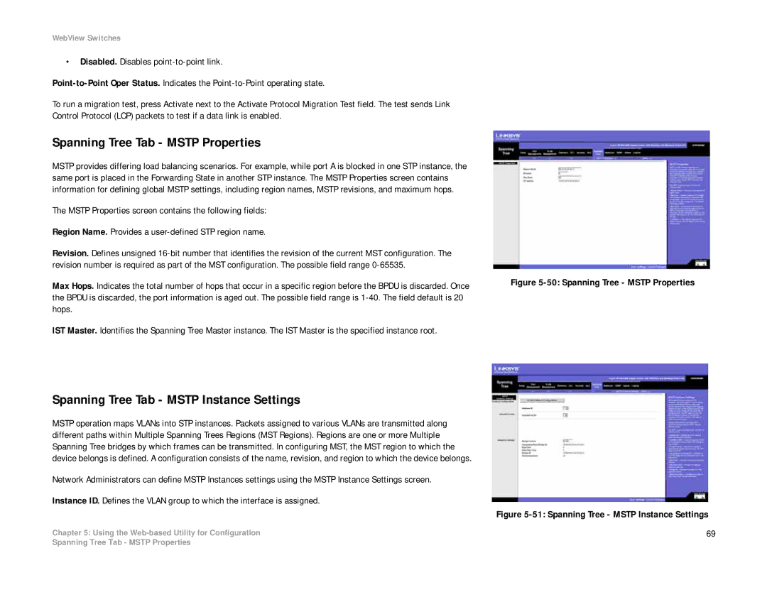 Linksys SRW2008P, SRW2008MP manual Spanning Tree Tab Mstp Properties, Spanning Tree Tab Mstp Instance Settings 