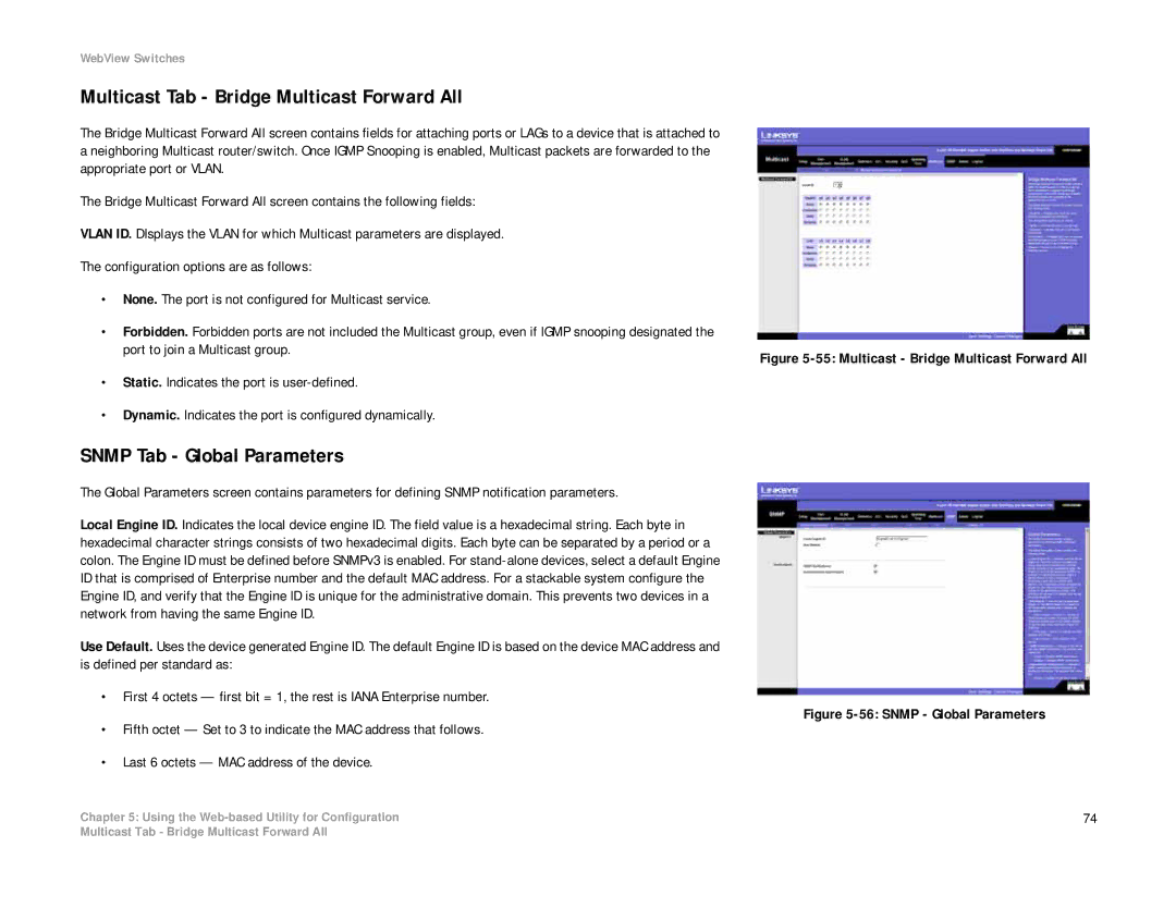 Linksys SRW2008P, SRW2008MP manual Multicast Tab Bridge Multicast Forward All, Snmp Tab Global Parameters 