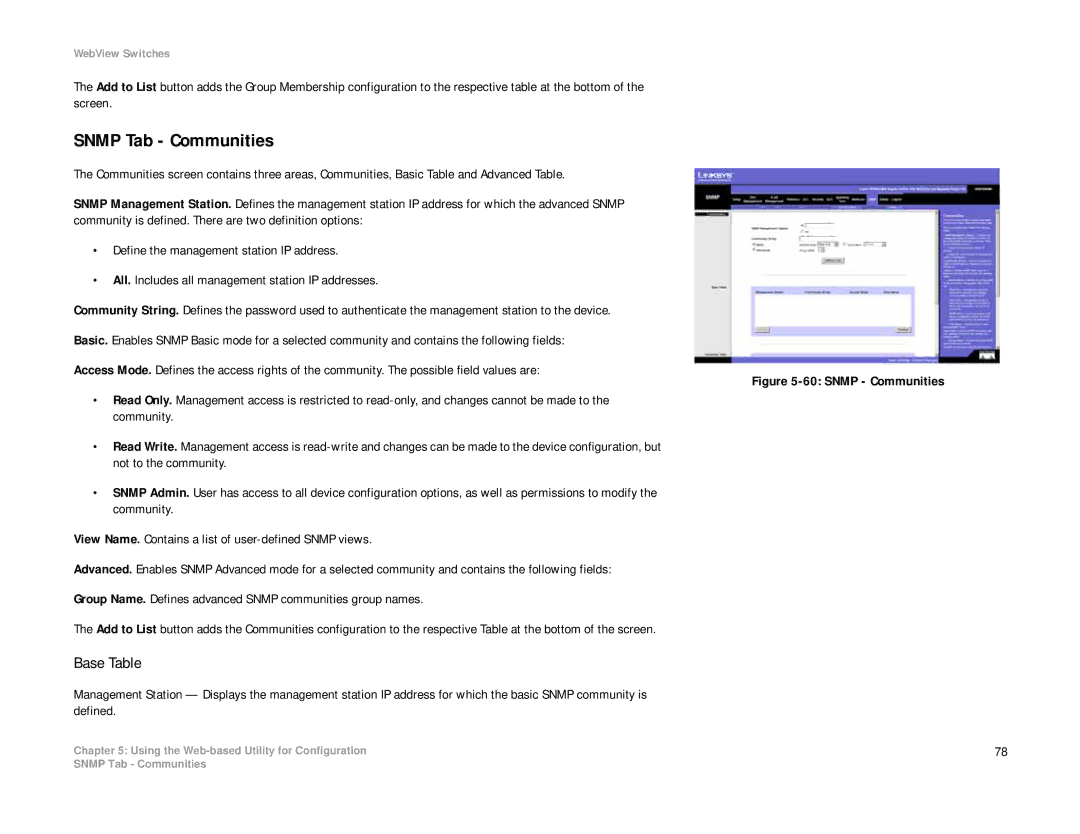 Linksys SRW2008P, SRW2008MP manual Snmp Tab Communities, Base Table 