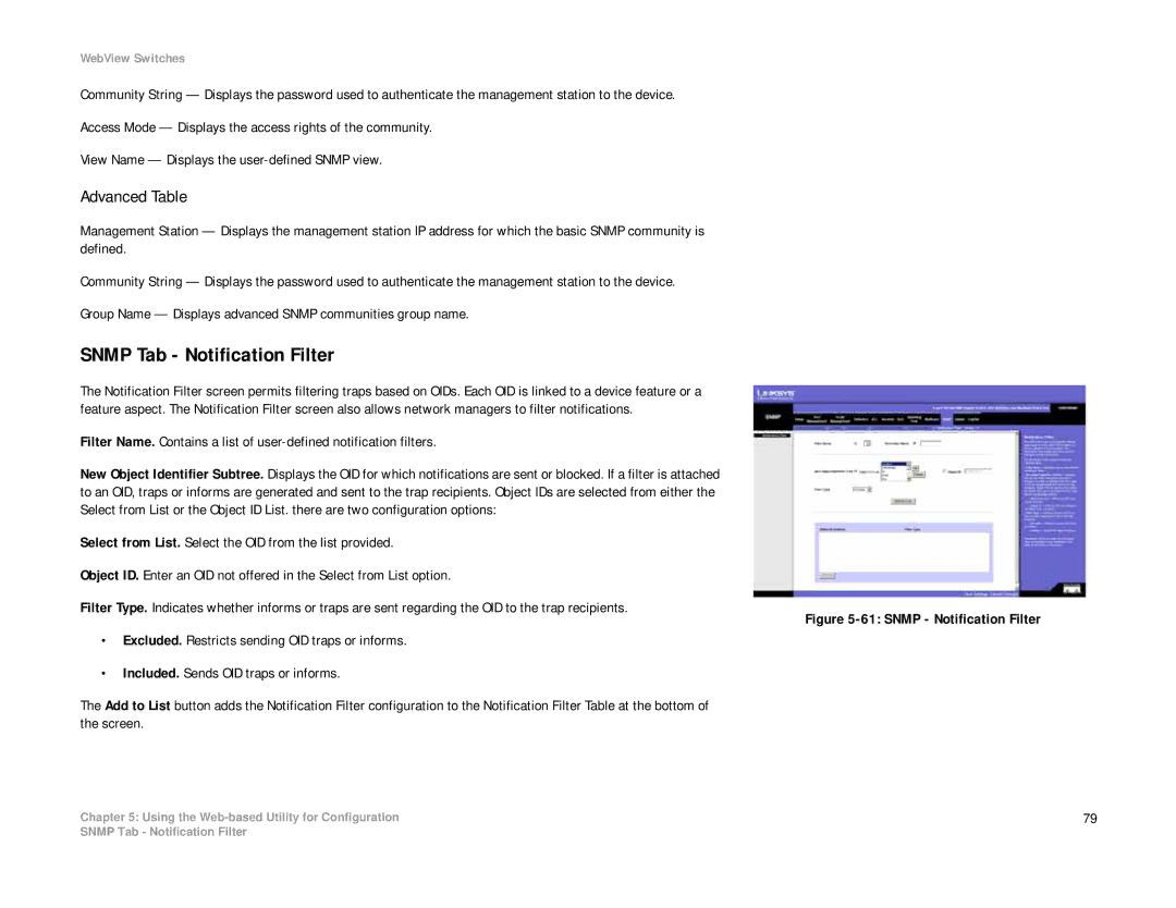 Linksys SRW2008MP, SRW2008P manual Snmp Tab Notification Filter, Advanced Table 