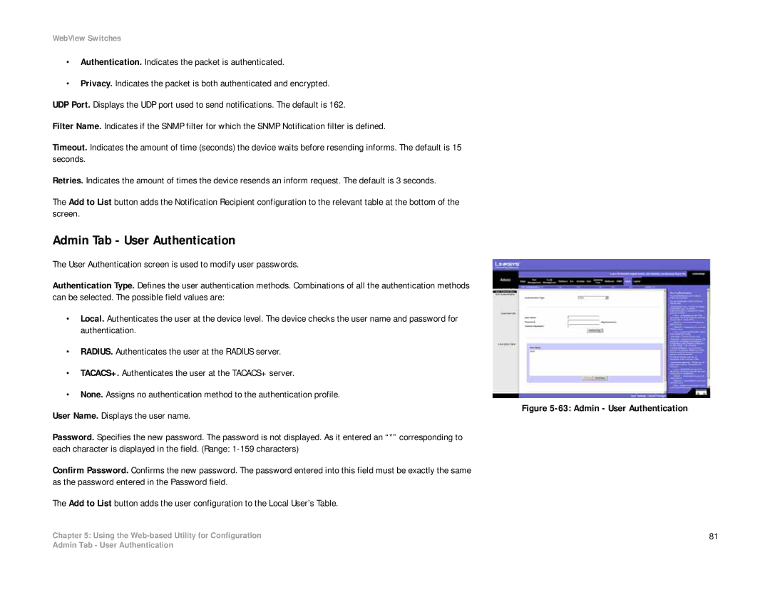 Linksys SRW2008P, SRW2008MP manual Admin Tab User Authentication, Admin User Authentication 