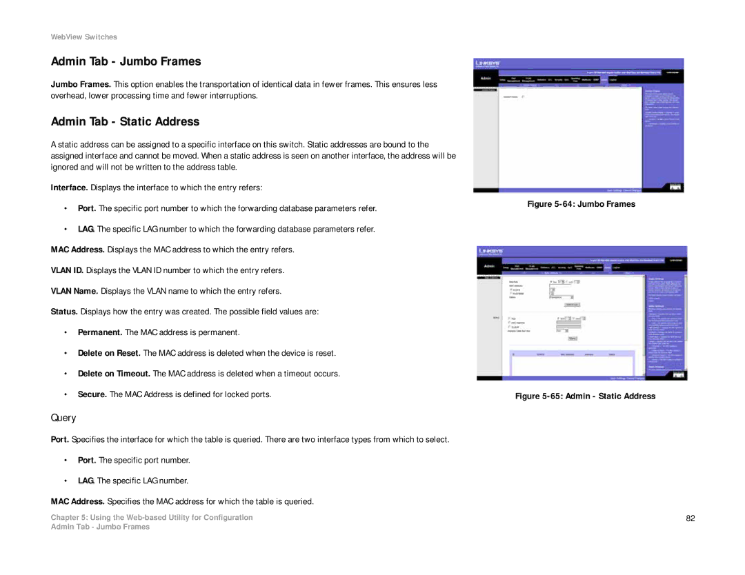 Linksys SRW2008MP, SRW2008P manual Admin Tab Jumbo Frames, Admin Tab Static Address, Query 